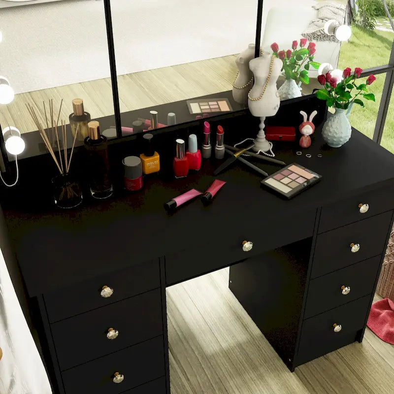 Lussuosa Toeletta da Trucco a LED con 9 Cassetti Elegante Postazione Trucco