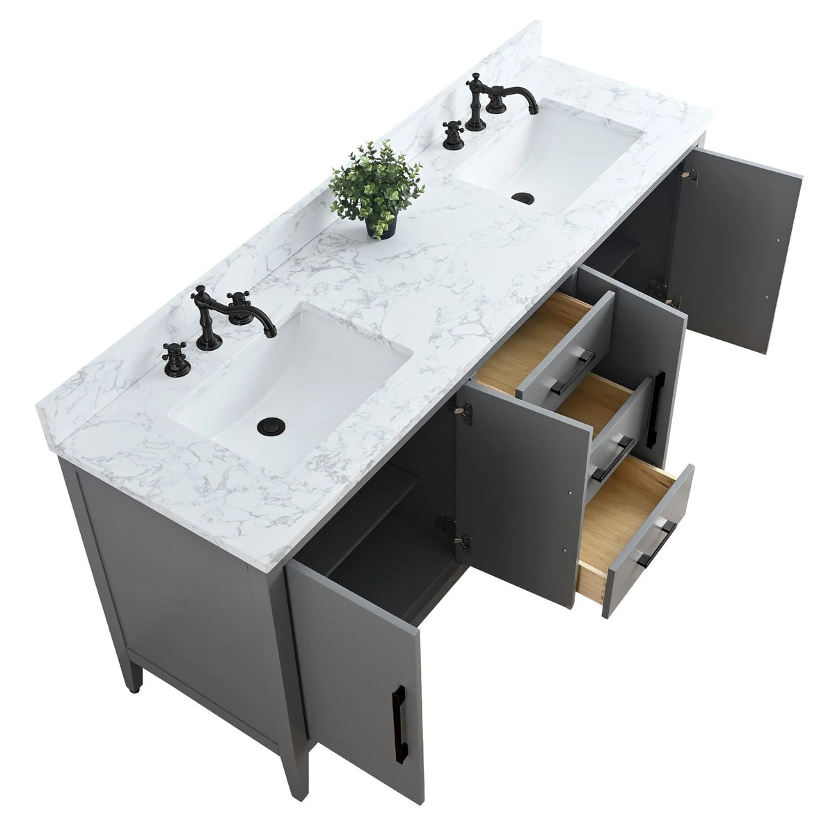 Mobile lavabo doppio Vanity Art 72 per bagno, con top in marmo tecnico