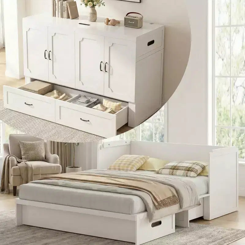 Letto a scomparsa matrimoniale Mjkone con materasso, ricarica USB, cassetti portaoggetti