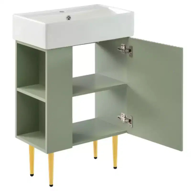 Mobile lavabo da bagno bianco da 21,6", mobiletto combinato, mobiletto da bagno, lavabo singolo in ceramica, contenitore laterale sinistro