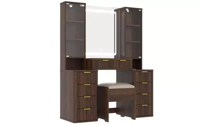 Set vanità moderno JVNOXK da 43,5 pollici con specchio e luce, dotato di cassetti e vetrinetta in vetro trasparente, include sgabello e stazione di ricarica, marrone