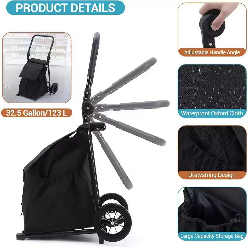 Acekool Carrello a Mano Pieghevole 2-in-1 con Borsa Impermeabile Rimovibile, Cuscino Spesso e Manico Antiscivolo Regolabile, Nero