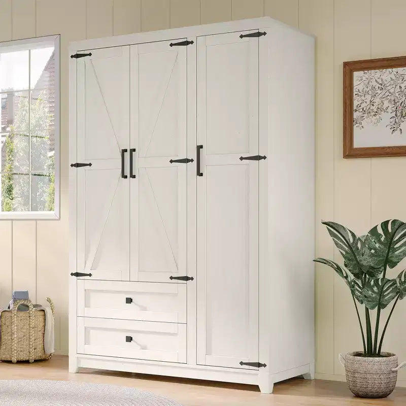 AMERLIFE 47 Armadio Guardaroba Stile Country con 3 Ante, 2 Cassetti, Asta Appendini e Ripiani Regolabili, Organizzatore per Armadio Autoportante