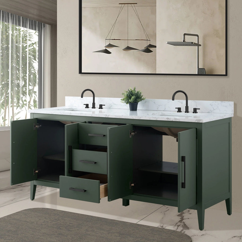 Mobile lavabo doppio Vanity Art 72 per bagno, con top in marmo tecnico