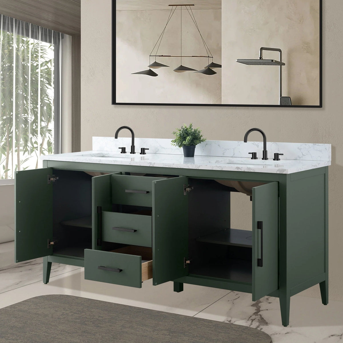 Mobile lavabo doppio Vanity Art 72 per bagno, con top in marmo tecnico