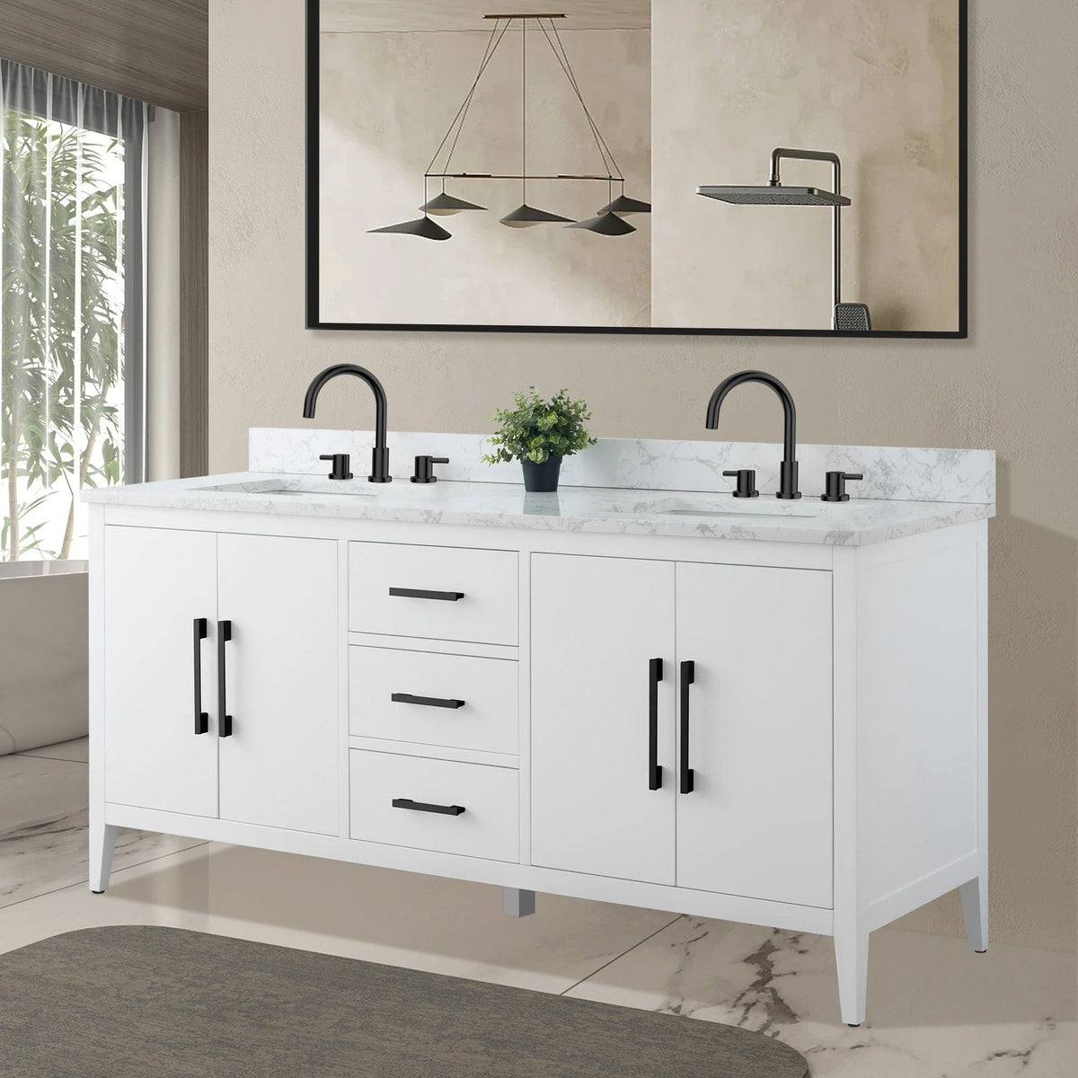 Mobile lavabo doppio Vanity Art 72 per bagno, con top in marmo tecnico