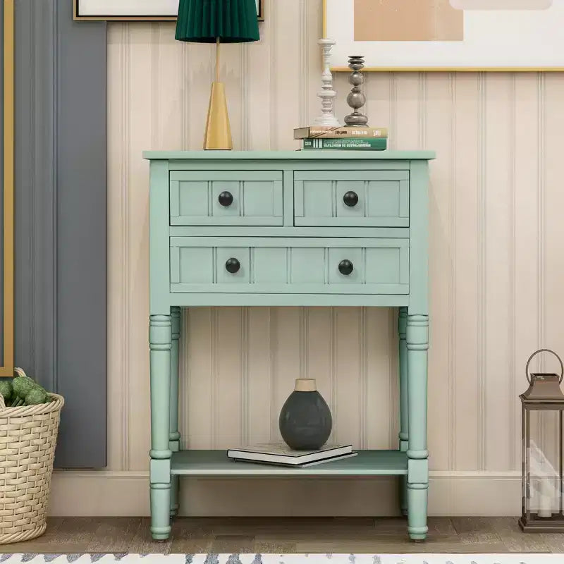 Tavolino consolle stretto da 60 cm con 3 cassetti e ripiano, tavolino da divano per ingresso o soggiorno di piccoli spazi