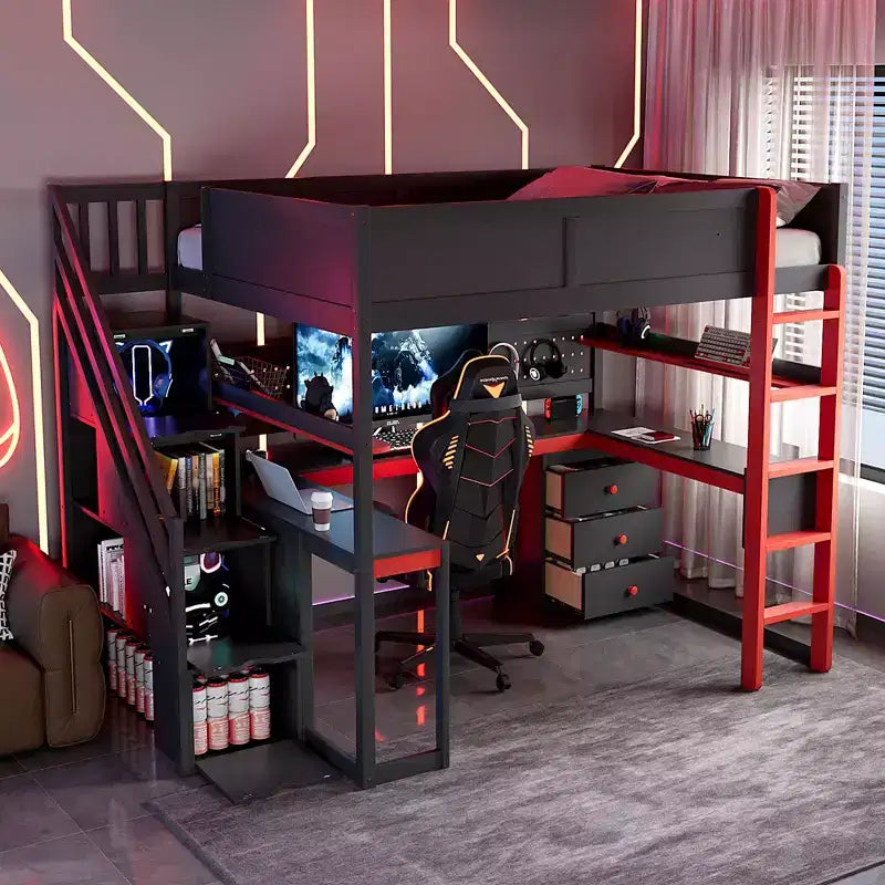 Letto a soppalco da gaming in legno Scott di GDFStudio con scale contenitore, scrivania, mensole e pannello forato