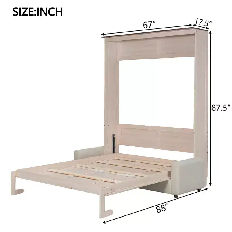 Letto a scomparsa matrimoniale con divano, letto a scomparsa matrimoniale in legno con luce a LED, letto a scomparsa pieghevole per camera degli ospiti, beige