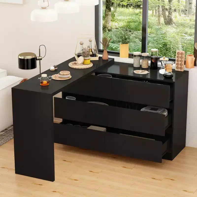 Credenza da buffet intelligente girevole/allungabile con 6 cassetti, piano d'appoggio esteso, tappetino antiscivolo, tavolo da pranzo girevole, isola per cucina/dispensa