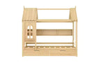 Letto a capanna con cassetti contenitori e finestra, struttura in legno massello con mensole, design giocoso infantile, bianco chiaro