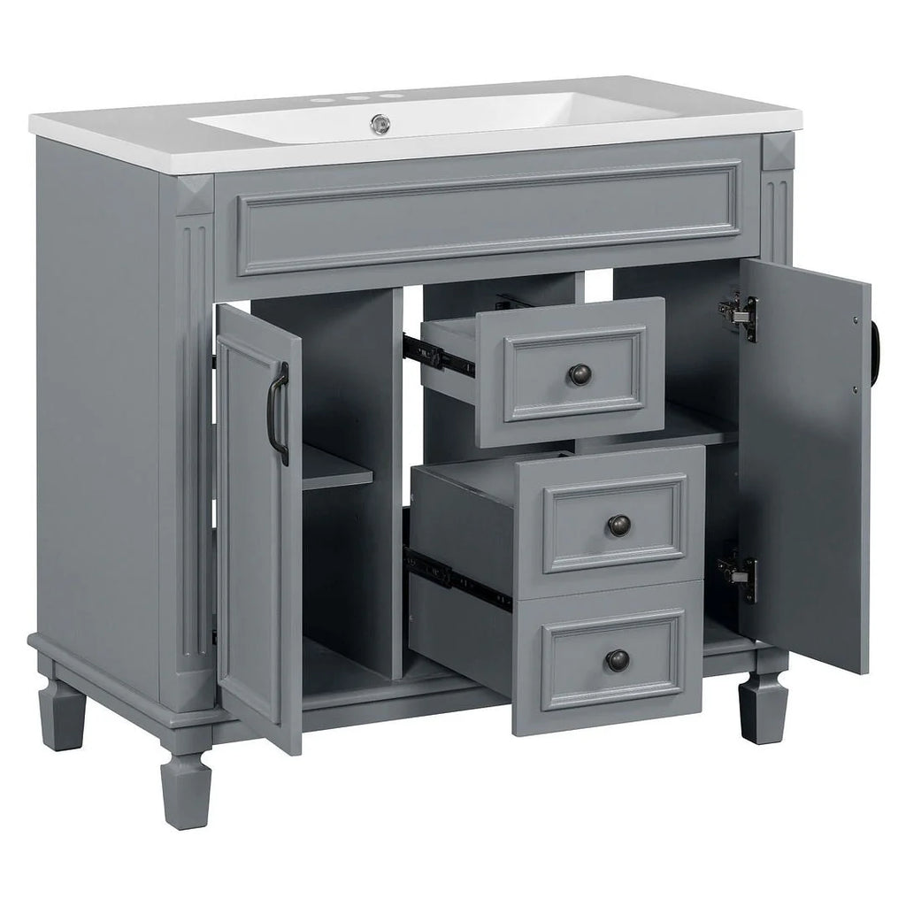 Mobile bagno moderno da 90 cm con lavabo integrato e specchiera, 2 ante e 2 cassetti