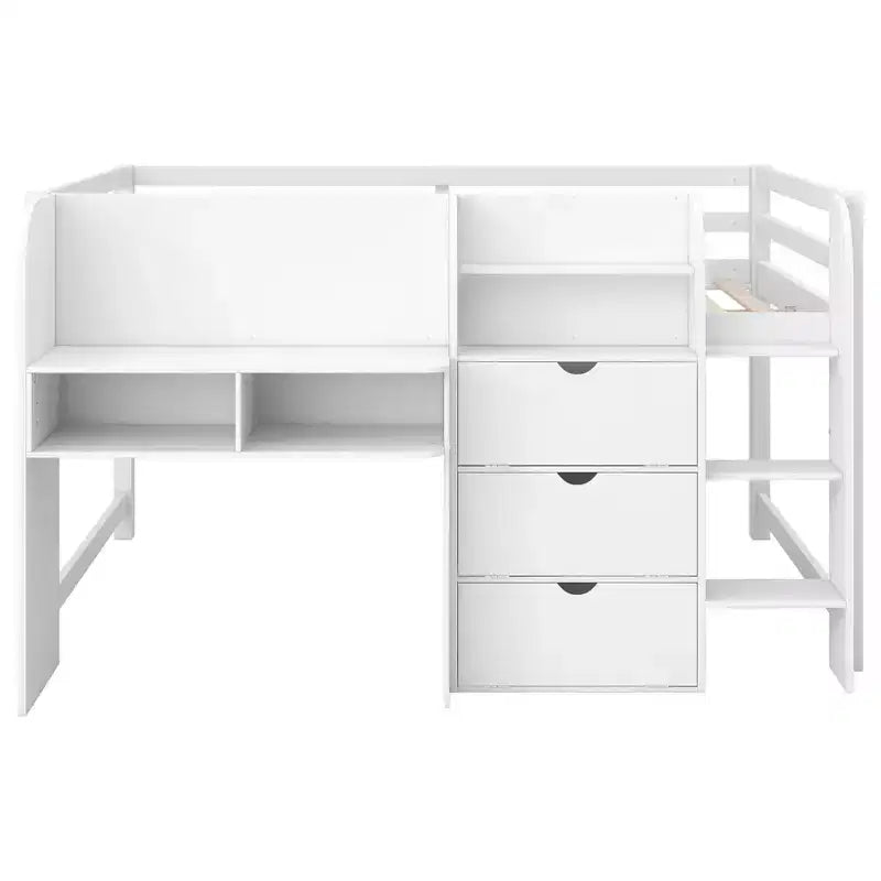 Letto a soppalco basso rosa/bianco con scrivania, contenitore e lavagna bianca - Singolo, 1 persona