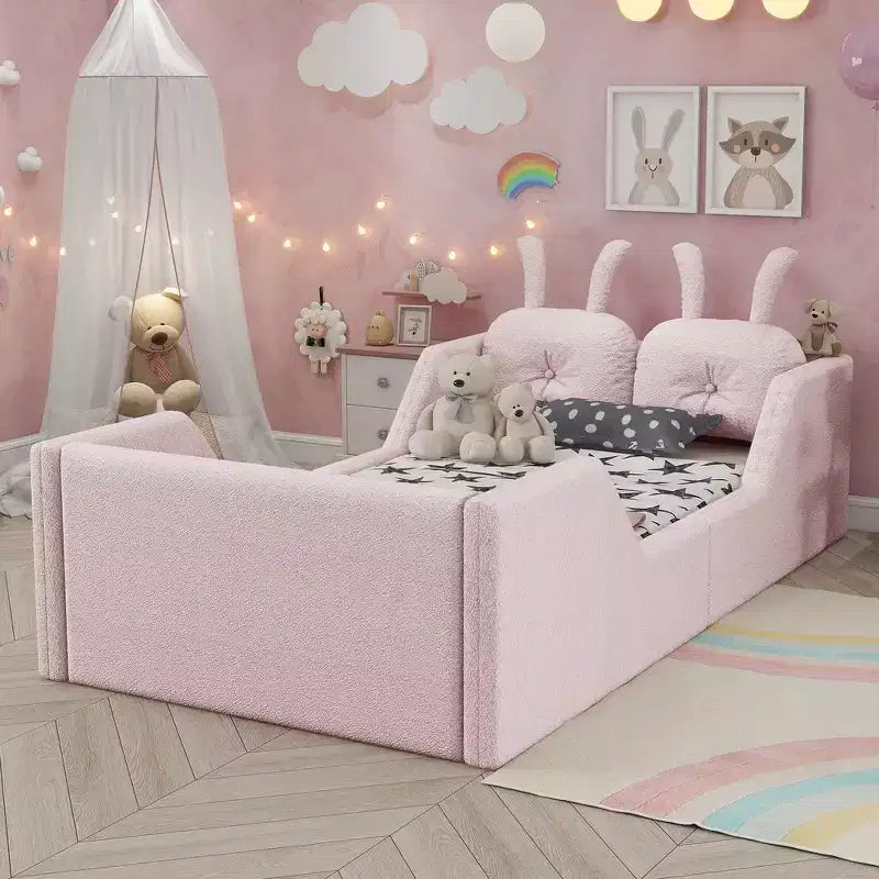 Letto a piattaforma Whisen Twin, struttura letto imbottita per bambini con cuscino a coniglio, sponde laterali rimovibili
