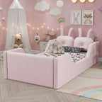 Letto a piattaforma Whisen Twin, struttura letto imbottita per bambini con cuscino a coniglio, sponde laterali rimovibili