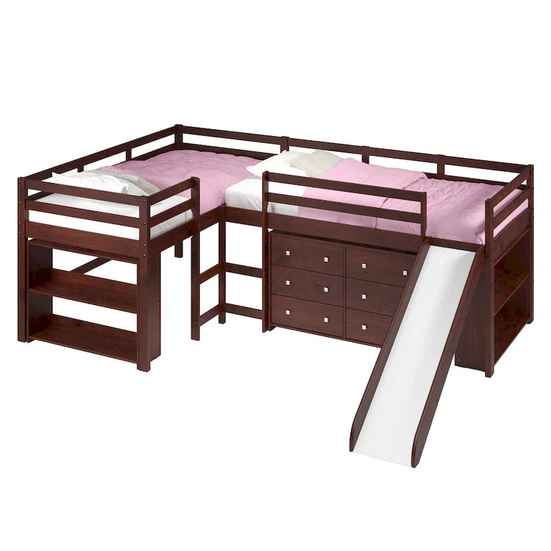 Letto a soppalco con scivolo a elle doppio e doppio in stile Dark Cappuccino