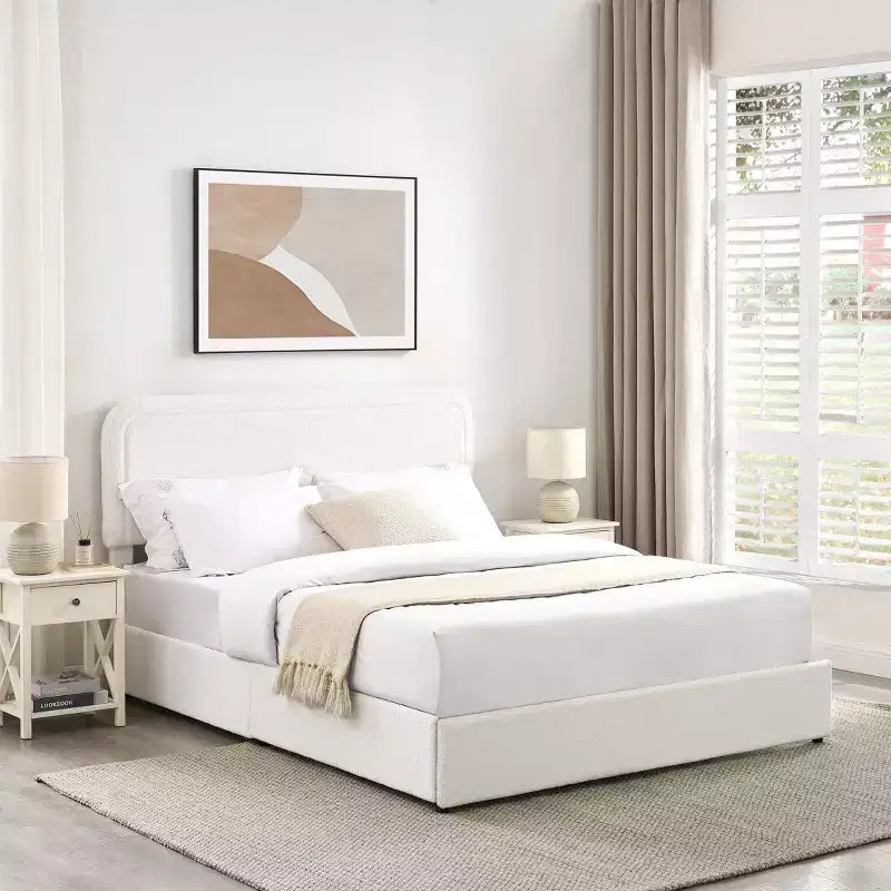Letto matrimoniale moderno imbottito in bouclé con cassetti contenitori