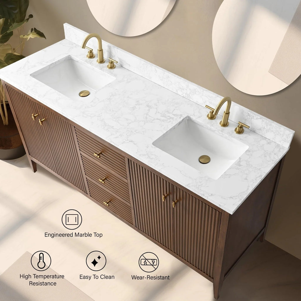 Mobile lavabo doppio Vanity Art 72 per bagno, con top in marmo tecnico