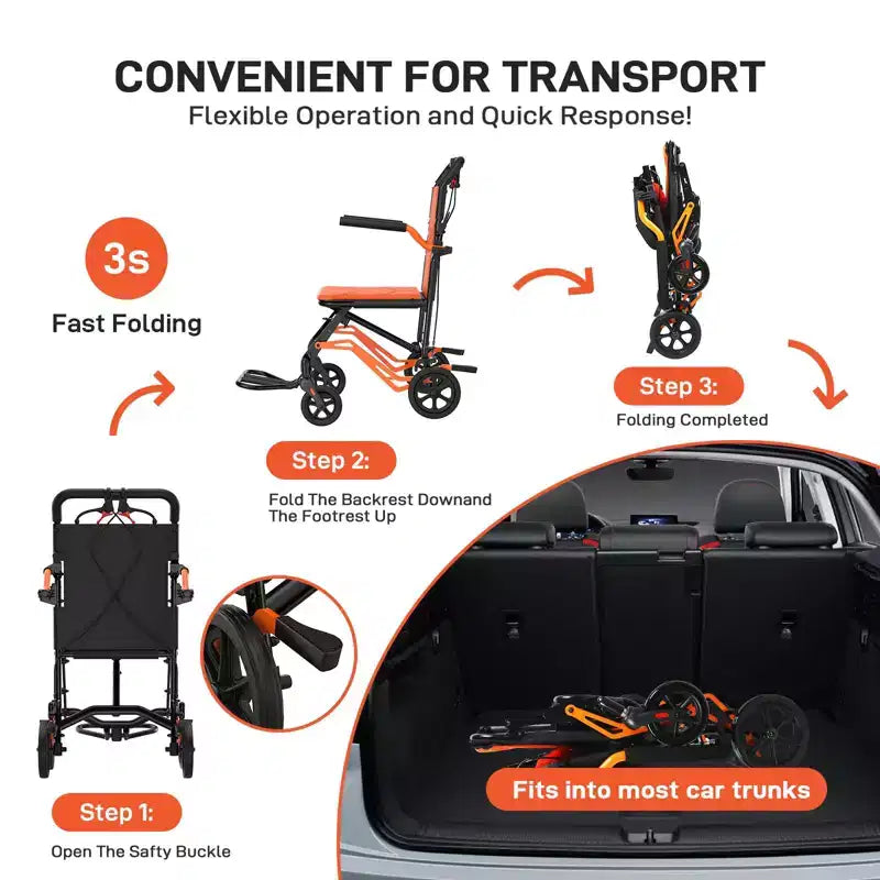 Sedia a rotelle da trasporto pieghevole ultraleggera, supporta 100 kg, telaio in alluminio da 8 kg, seduta da 41 cm, braccioli e poggiapiedi rimovibili, freno a mano bloccabile