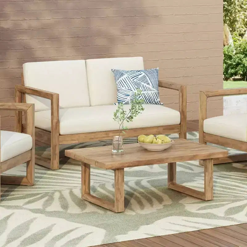 Set di mobili da patio in legno di acacia, set da conversazione per esterni con tavolino da caffè e morbidi cuscini per cortile, portico e balcone, Beige - Merax