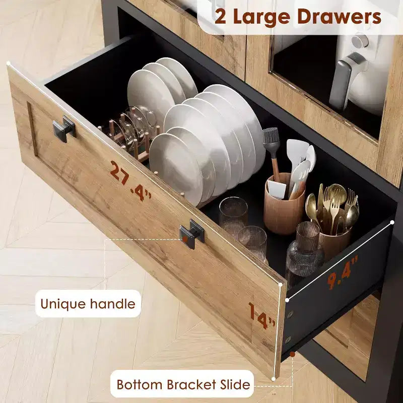 Mobile dispensa da cucina colonica con ante in vetro, armadio contenitore da 72 pollici con cassetti e ripiani regolabili per sala da pranzo, bagno, soggiorno