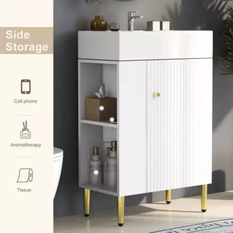 Mobile lavabo da bagno bianco da 21,6", mobiletto combinato, mobiletto da bagno, lavabo singolo in ceramica, contenitore laterale sinistro