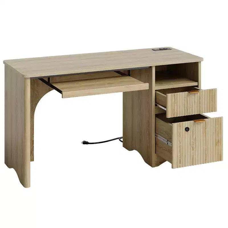 Bestier Scrivania per computer Smart 55", Scrivania in rovere con cassetti per documenti e presa di corrente, Scrivania direzionale con scomparti aperti e vassoio per tastiera