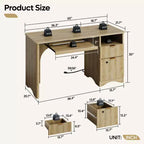 Bestier Scrivania per computer Smart 55", Scrivania in rovere con cassetti per documenti e presa di corrente, Scrivania direzionale con scomparti aperti e vassoio per tastiera