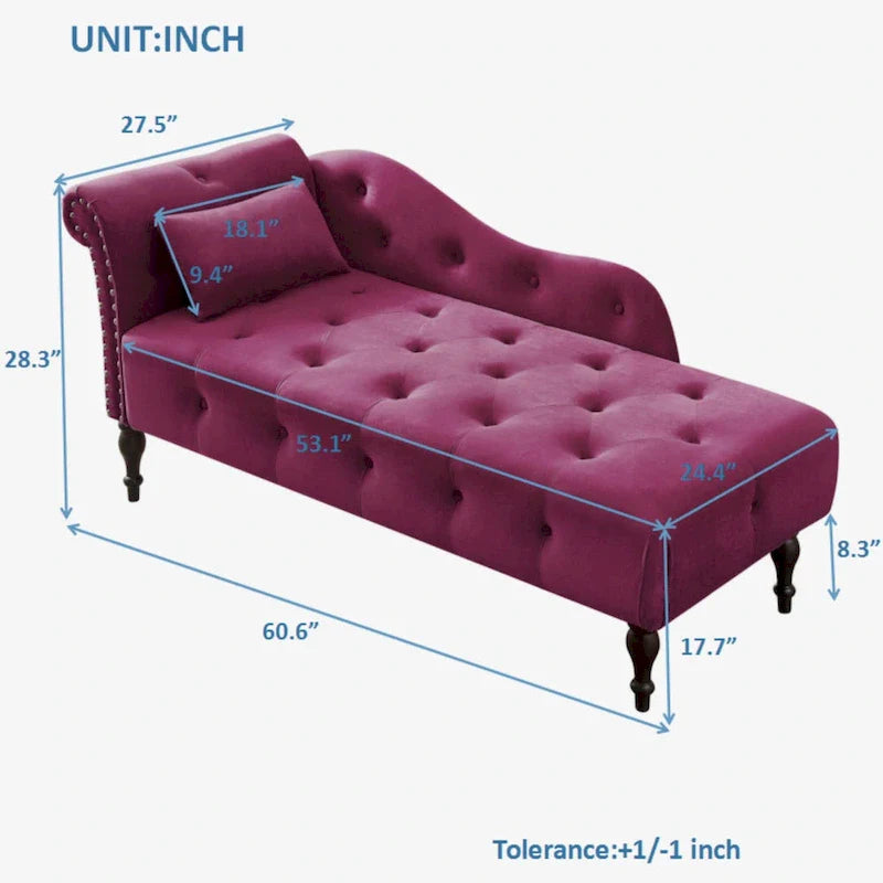 Moderna Chaise Longue da 60.6" in Velluto Imbottito con Bottoni Capitonnè, Gambe in Legno Massello e Borchie