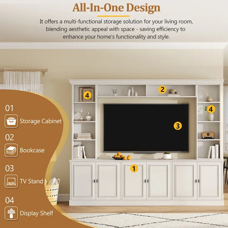 Mobile TV a parete con 4 pezzi e ponte, per televisori fino a 70", porta TV con ripiani regolabili, ampia console multimediale
