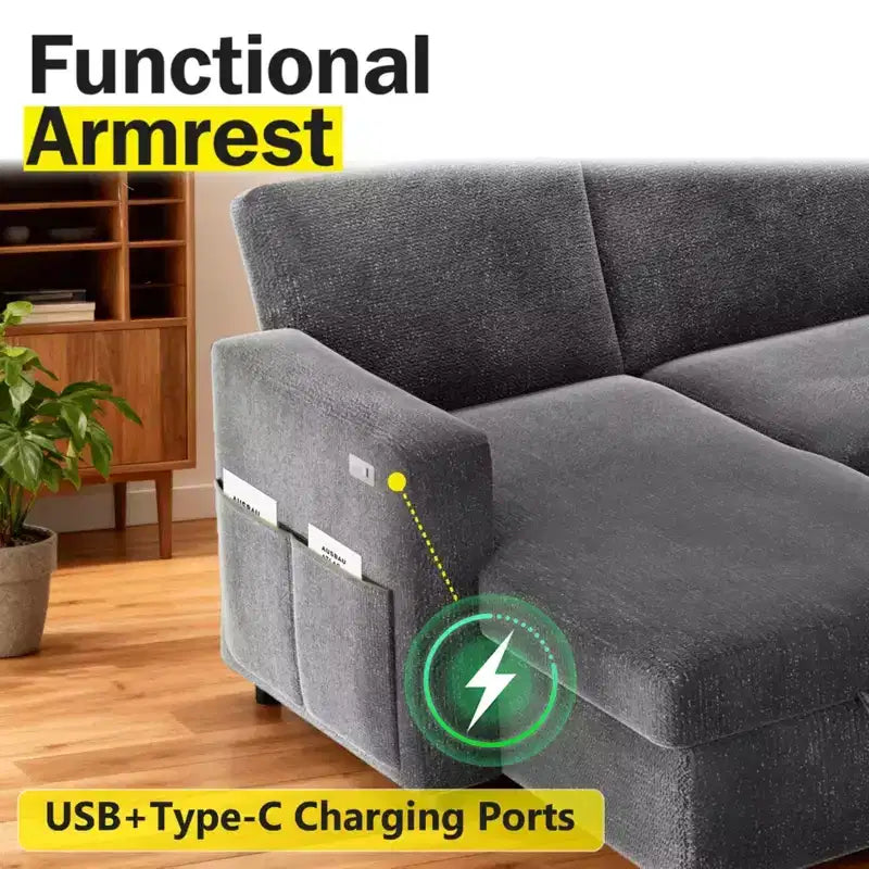 Divano letto estraibile 2 in 1 con chaise longue contenitore, divano sezionale in ciniglia con porte USB per soggiorno