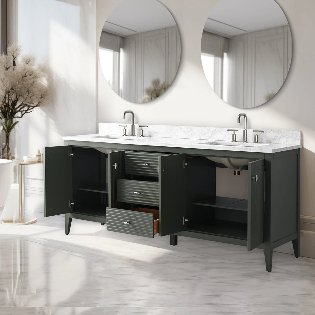 Mobile lavabo doppio Vanity Art 72 per bagno, con top in marmo tecnico