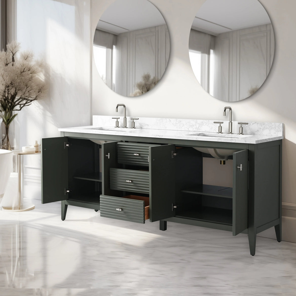 Mobile lavabo doppio Vanity Art 72 per bagno, con top in marmo tecnico