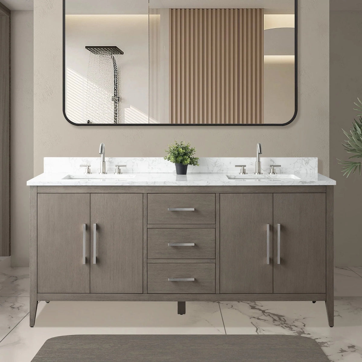 Mobile lavabo doppio Vanity Art 72 per bagno, con top in marmo tecnico