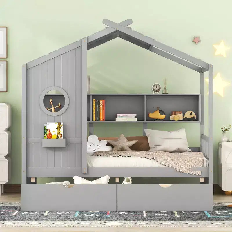 Letto in legno a forma di casa Twin/Full Size con 2 cassetti, letto per bambini con scaffale portaoggetti - ModernLuxe