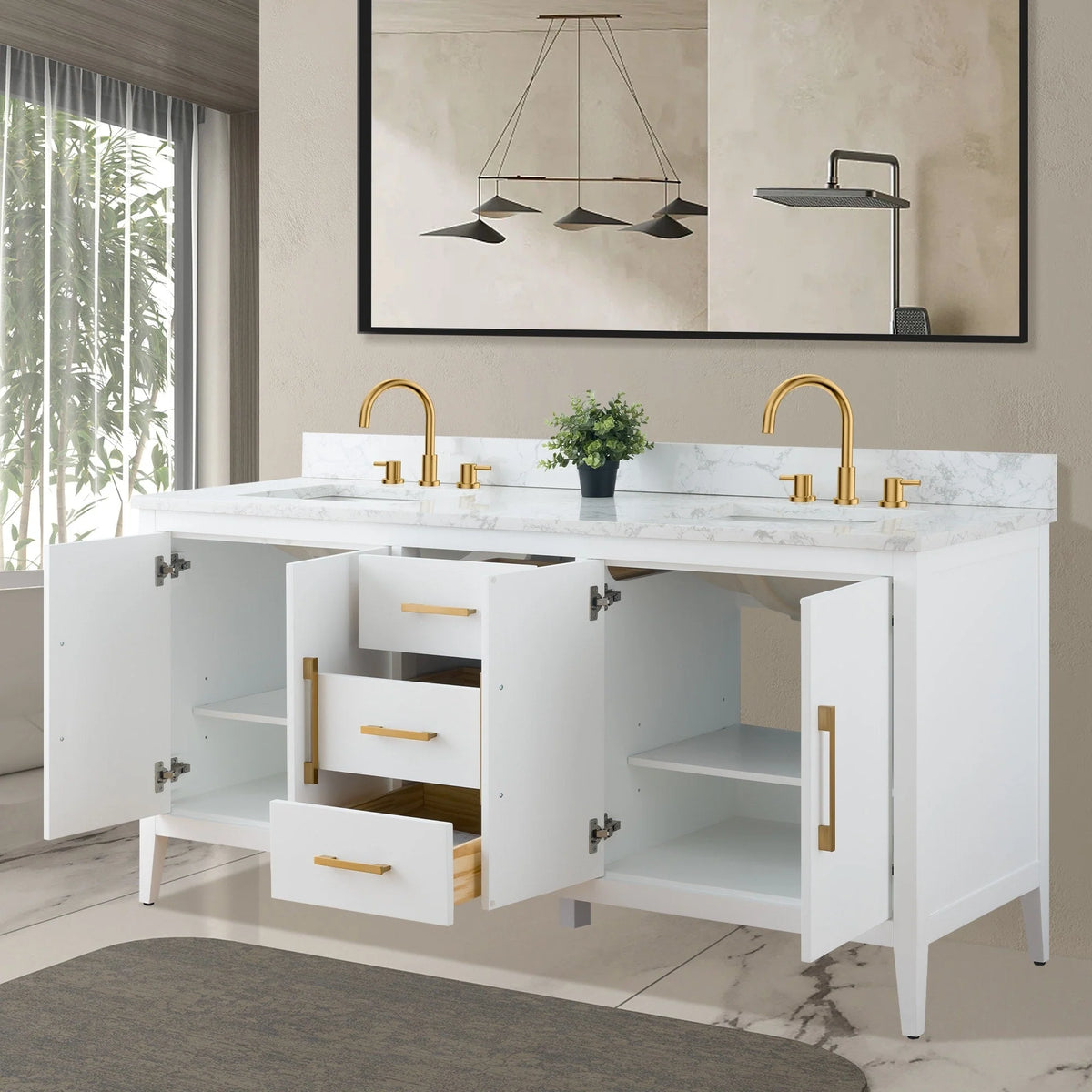Mobile lavabo doppio Vanity Art 72 per bagno, con top in marmo tecnico
