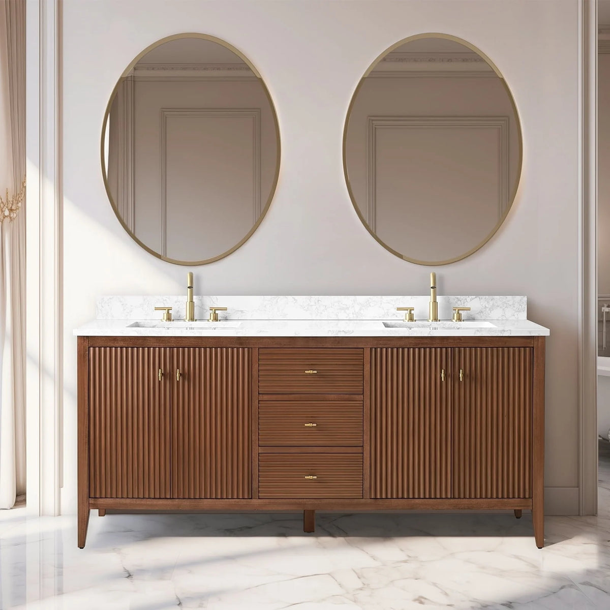Mobile lavabo doppio Vanity Art 72 per bagno, con top in marmo tecnico