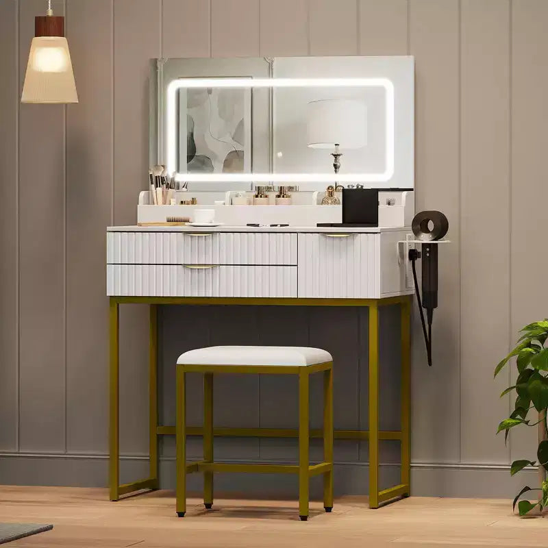 Toeletta con specchio e luci, specchio con LED integrati, ampi cassetti portaoggetti per cosmetici e prodotti da bagno