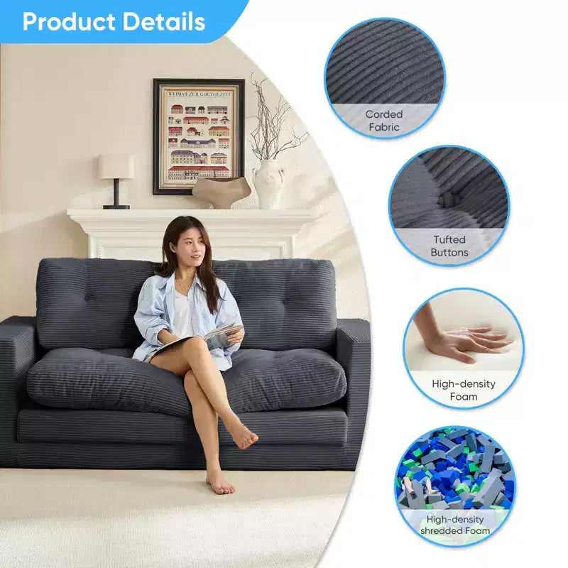 Mjkone Divano Letto Futon Convertibile 2-in-1 da 180 cm, in Tessuto a Coste, Pieghevole con Bottoni Trapuntati, Salvaspazio