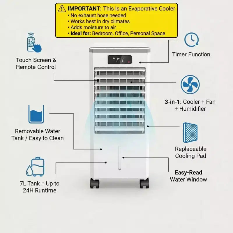 Raffrescatore Evaporativo Portatile da 7L con Telecomando, 3 Velocità, Timer e Funzione Oscillante per Casa e Ufficio
