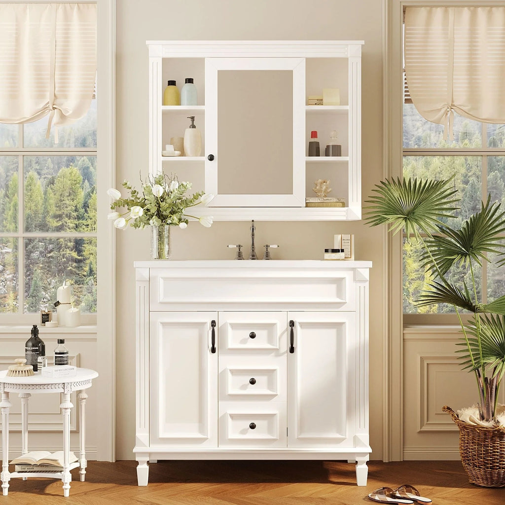 Mobile bagno moderno da 90 cm con lavabo integrato e specchiera, 2 ante e 2 cassetti