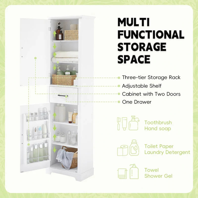 Mobile bagno da terra con 2 ante, ripiani regolabili e scomparti sulla porta, organizer alto per bagno