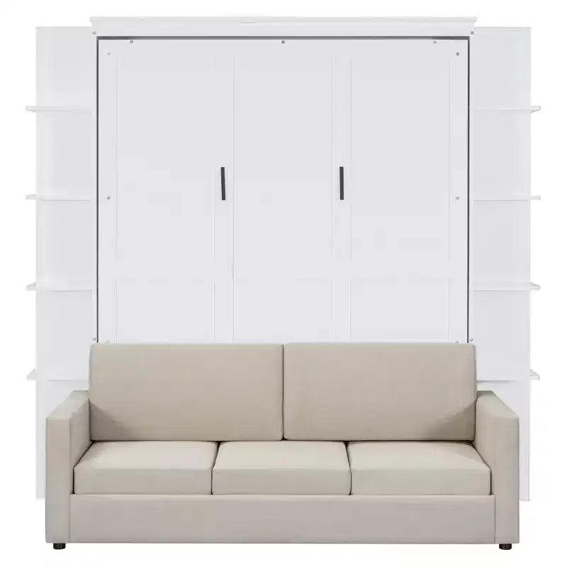 Letto a scomparsa Whisen Modern Design con struttura in legno, Queen Size, con divano e mensole
