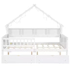 Struttura letto a casetta a grandezza naturale con cassetti, letto a piattaforma a casetta con luci LED, mensole e cassetti portaoggetti, divano letto in legno con tetto e sponda