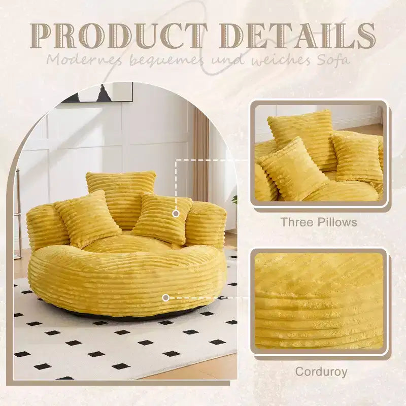 Pouf Divano per Adulti e Bambini, Poltrona Sacco Oversize in Corduroy con 3 Cuscini e Braccioli per Soggiorno e Camera da Letto