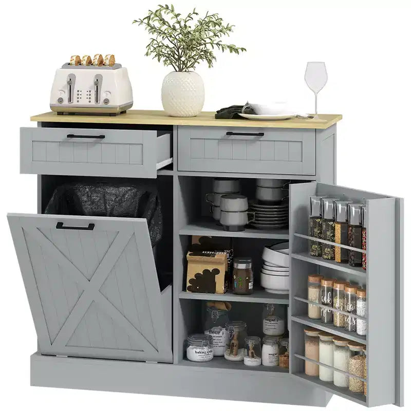 HOMCOM Mobiletto Pattumiera Inclinabile con Cassetti, Mobile Contenitore da Cucina Stile Farmhouse con Pattumiera Nascosta