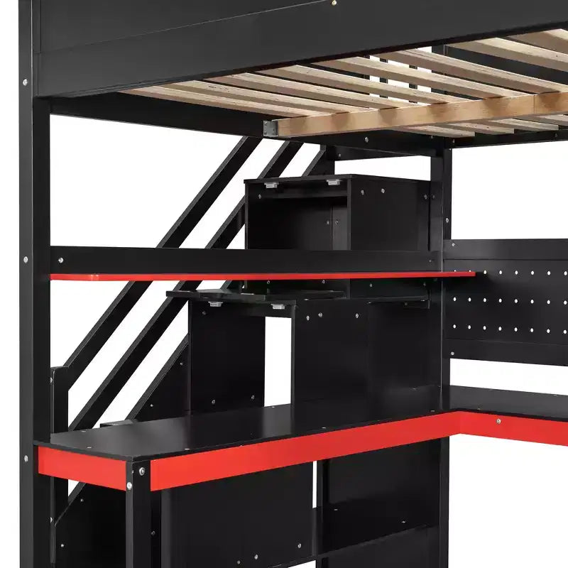 Letto a soppalco da gaming in legno Scott di GDFStudio con scale contenitore, scrivania, mensole e pannello forato