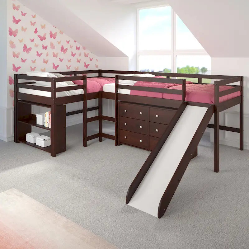Letto a soppalco con scivolo a elle doppio e doppio in stile Dark Cappuccino