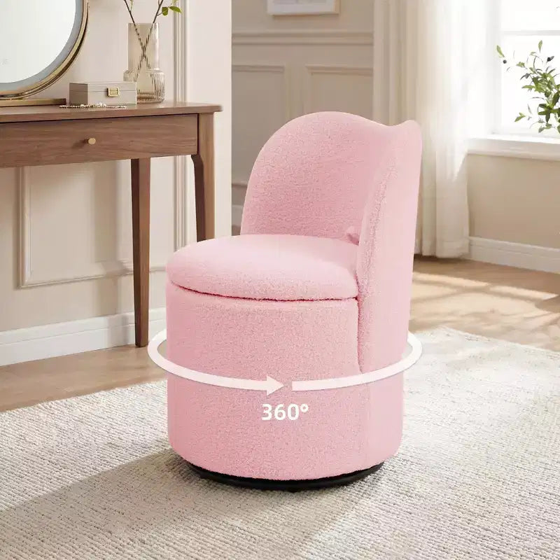 Sedia da toilette girevole con contenitore, Sgabello da trucco rotondo imbottito con schienale, Poltroncina a botte imbottita per camera da letto e soggiorno