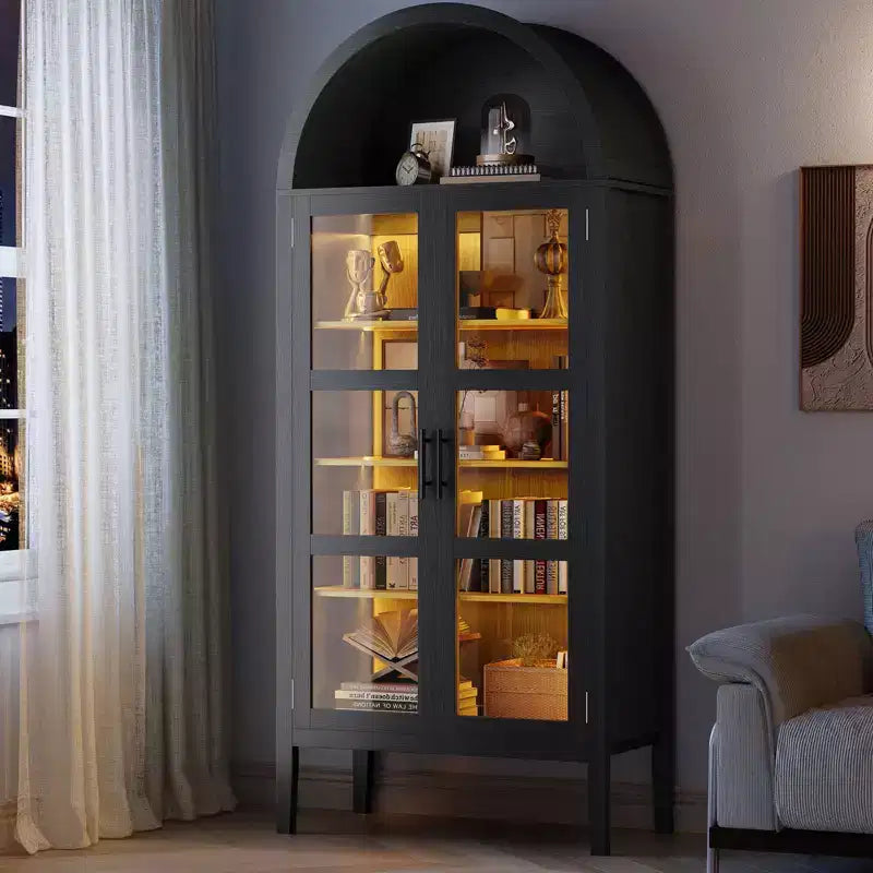 Mobiletto contenitore, Nero/Bianco, Stile ad arco, Singolo, Alto 71 con Luci LED e Ante in Vetro